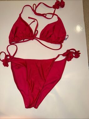 Shade & Shore Red String Bikini with Floral Tie Accents
